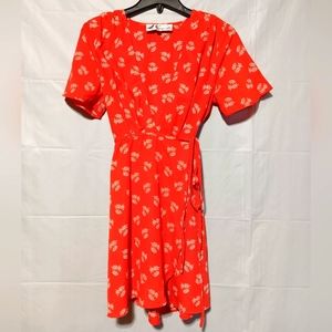 Dragonfly EUC Wrap Style Lined Dress, Coral with White Floral Pattern, Medium